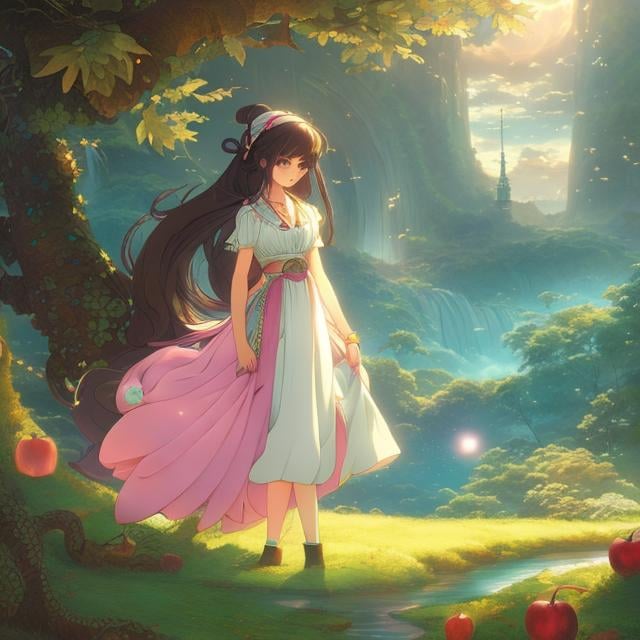 Prompt: Thomas Crane, Kate Greenaway , Anne Anderson Anime　surreal　wondrous　strange　Whimsical　Sci-Fi Fantasy　Beautiful girl in maid clothes　Samsama Serpent　Apple tree