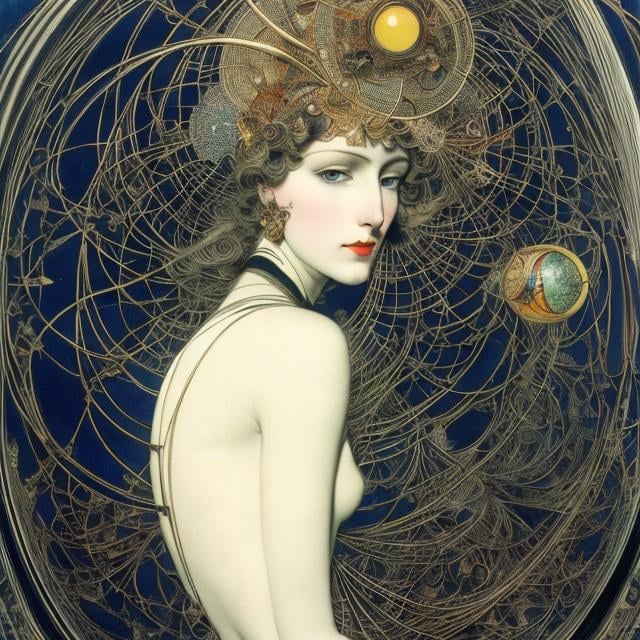 Prompt: Harry Clarke, Hans Bellmer, Surreal, mysterious, strange, fantastical, fantasy, Sci-fi, Japanese anime, Foucault's pendulum, Earth's rotation, meridian, beautiful girl scientist, perfect voluminous body, detailed masterpiece 