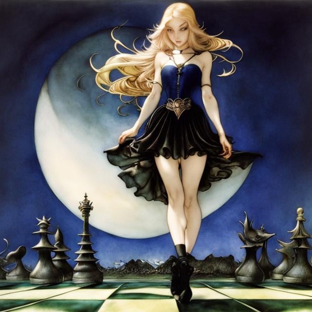 Prompt: Arthur Rackham,Ithell Colquhoun,  Mysterious, bizarre, surreal, bizarre, fantasy, Sci-fi, Japanese anime, 3D chessboard, jumping dolphin, blonde miniskirt beautiful girl Alice, perfect voluminous body, detailed masterpiece 