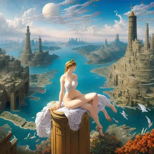 Prompt: Walter Crane, Vladimir Kush, Lebbeus Woods, Surreal, mysterious, strange, fantastical, fantasy, Sci-fi fantasy, anime, dream passage, beautiful girl perfect body, place where multiple pasts/presents/futures collide, bird pole or love square, tower, detailed masterpiece, high resolution definition quality, depth of field cinematic lighting 