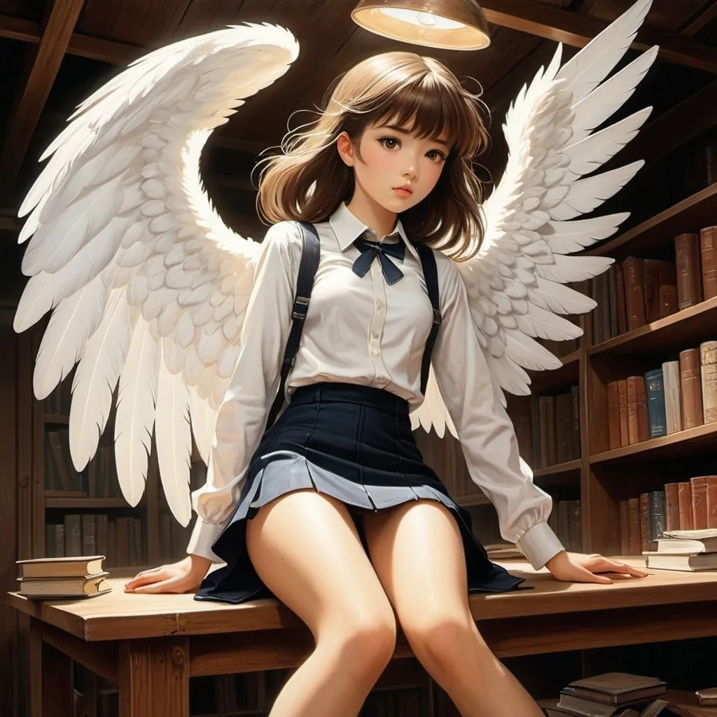 Prompt: August Bleser Jr, George Brehm, A E Narty, Surrealism Mysterious Weird Fantastic Fantasy Sci-Fi, Japanese Anime, Fallen Angel in the Attic, A beautiful high school girl in a miniskirt chatting with a fallen angel, perfect voluminous body, detailed masterpiece 