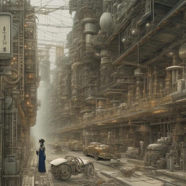 Prompt: Heath Robinson, katsuhiro Otomo, Naoyuki Katoh, Surreal, mysterious, strange, fantastical, fantasy, Sci-fi, Japanese anime, romance of a beautiful mechanical girl, perfect body, repair shop, fusion of humans and machines, mechanical girls also like sweet things, fun, detailed masterpiece 