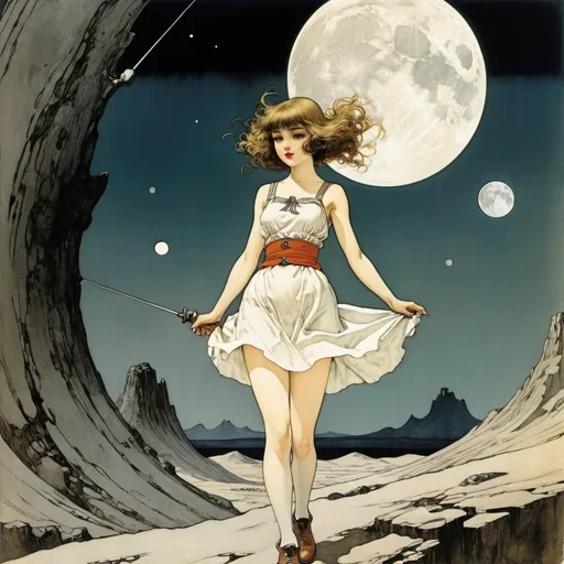 Prompt: Arthur Rackham, Kenny Meadows, Coles Phillips, Winsor McCay, Shigeru Tamura, Surrealism, wonder, strange, bizarre, fantasy, Sci-fi, Japanese anime, lunar terrain observation guide, craters, oceans, mountains to the far side of the moon, miniskirt beautiful high school girl, perfect voluminous body, astronomy, detailed masterpiece 