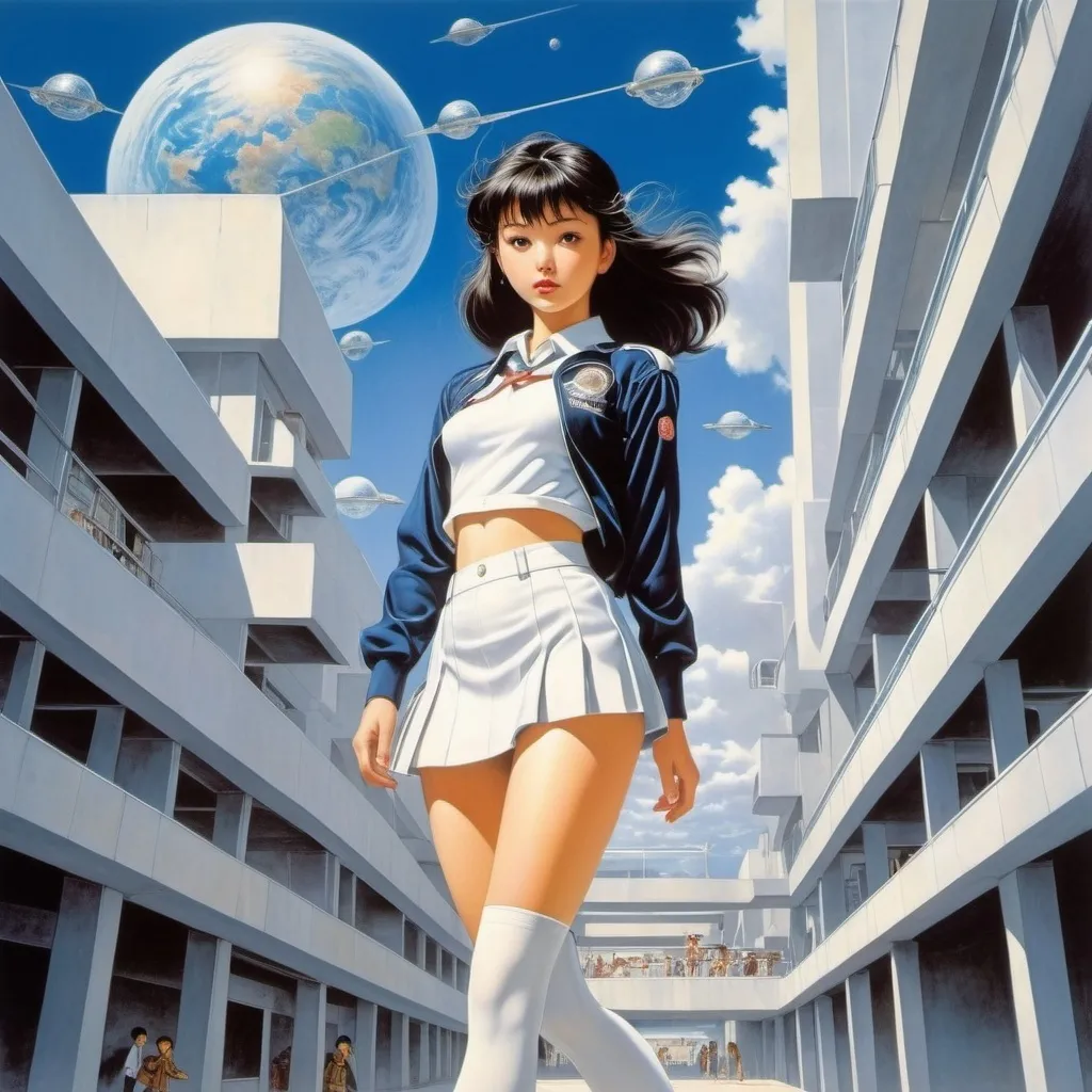 Prompt: Ayako Rokkaku, Henriette Willebeek le Mair, Oyvind Fahlstrom, Hajime Sorayama, Kiki Kogelnik, Surrealism, wonder, strange, bizarre, fantasy, Sci-fi, Japanese anime, Arcadia on the banks of the galaxy, logos of a beautiful high school girl in a miniskirt, interacting with the body, perfect voluminous body, detailed masterpiece diver 