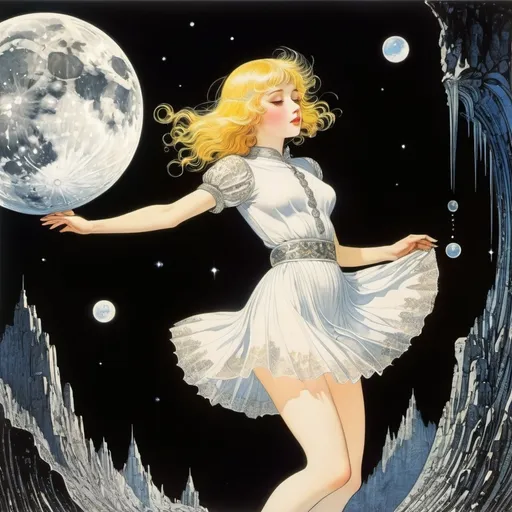 Prompt: Harry Clarke, Virgil Finlay, Elsa Beskow, Junaida, Maxwell Armfield, Surrealism Mysterious Weird Fantastic Fantasy Sci-Fi, Japanese Anime, Moon at the Bottom of a Cup, Beautiful blonde miniskirt girl Alice diving into liquid crystal, perfect voluminous body, detailed masterpiece 