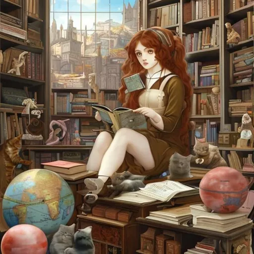 Prompt: Dante Gabriel Rossetti Anime Sci-fi Fantasy A girl sitting at a desk and reading a book Study room Floating books, cat, teapot, globe, stuffed bear, spaceship Three-dimensional composition