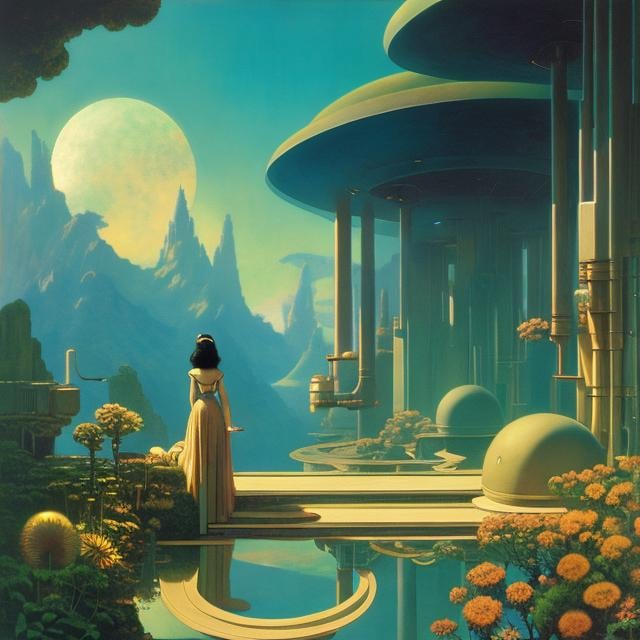 Prompt: Shaun Tan, Maurice Sendak, Maxfield Parrish, animesque　wondrous　strange　Whimsical　Sci-Fi Fantasy　Girl in the machine　A connected world　Consciousness modification　Go back in time　domino