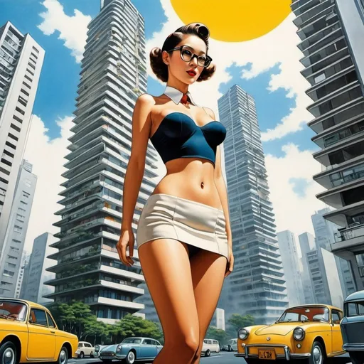 Prompt: Le Corbusier, Bruno Taut, Surreal, mysterious, bizarre, fantastical, fantasy, Sci-fi, Japanese anime, real estate agent of the future, flying between the skyscrapers of Tokyo in a floating car and guiding customers through properties. Beautiful real estate lady in miniskirt, perfect voluminous body, detailed masterpiece hand colour drawings