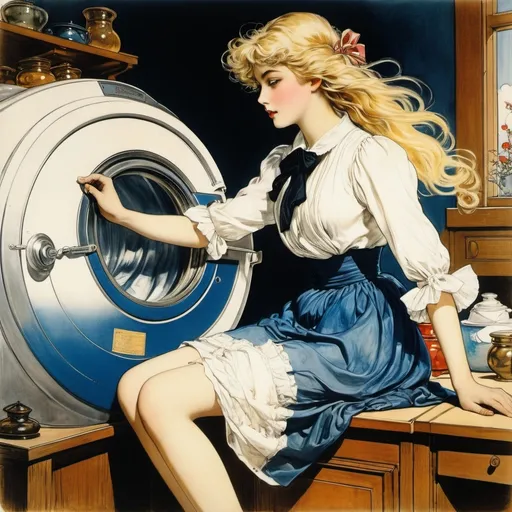 Prompt: Arthur Rackham, Carl Lundgren, Charles Dana Gibson full colours, Wassily Kandinsky, Kamome Shirahama, Surrealism, Mysterious, Strange, Outlandish, Fantasy, Sci-fi, Japanese Anime, The Blue Danube, Laundry of the Globe, Blonde Miniskirt Beautiful Girl Alice, perfect voluminous body, detailed masterpiece 