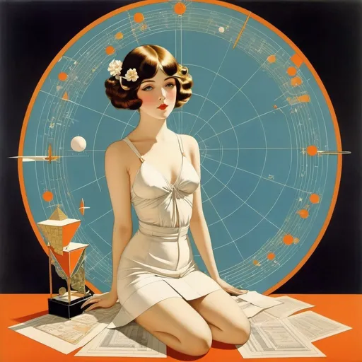 Prompt: Coles Phillips, Charles Martin, Surreal, mysterious, strange, fantastical, fantasy, Sci-fi, Japanese anime, sleepwalking orchestra, origami and mathematics, miniskirt beautiful girl, perfect voluminous body, detailed masterpiece 