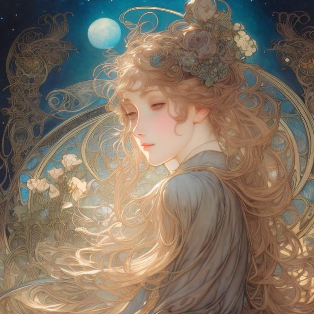 Prompt: Alphonse Mucha, Arthur Rackham, James Jean, Surreal, mysterious, strange, fantastical, fantasy, Sci-fi, Japanese anime, miniskirt beautiful girl Rocket Girl, eternally lost planet, time corridor, the secret of the astronomer, hyper detailed masterpiece high resolution definition quality depth of field cinematic lighting 