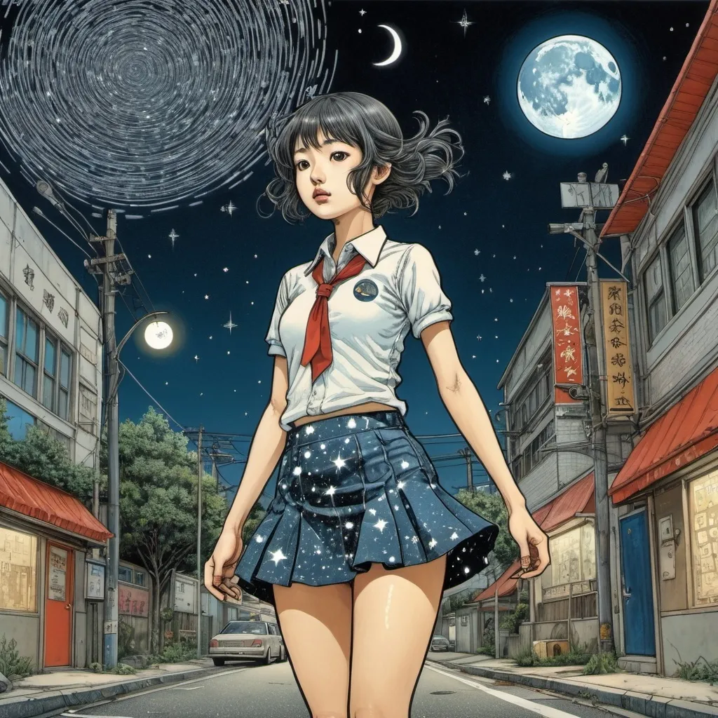 Prompt: Yuko Shimizu, Yuko Higuchi, Takako Hirai, Shuji Tateishi, Junaida, Surrealism, strange, bizarre, fantastical, fantasy, Sci-fi, Japanese anime, street corner with falling stars and moon, beautiful high school girl in a miniskirt drawing, perfect voluminous body, perspective blueprint, detailed masterpiece 