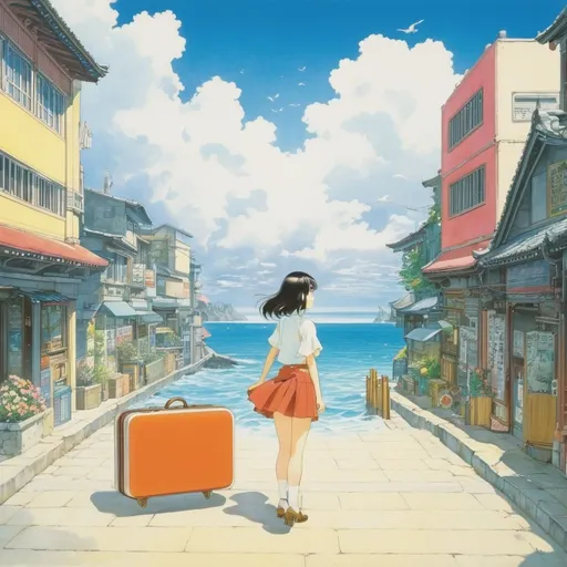 Prompt: Hideko Mizuno, Patrick Woodroffe, Surreal, mysterious, strange, fantastical, fantasy, Sci-fi, Japanese anime, the sea spilling out of a suitcase, the street corner, the beautiful girl in a miniskirt, perfect body, detailed masterpiece 