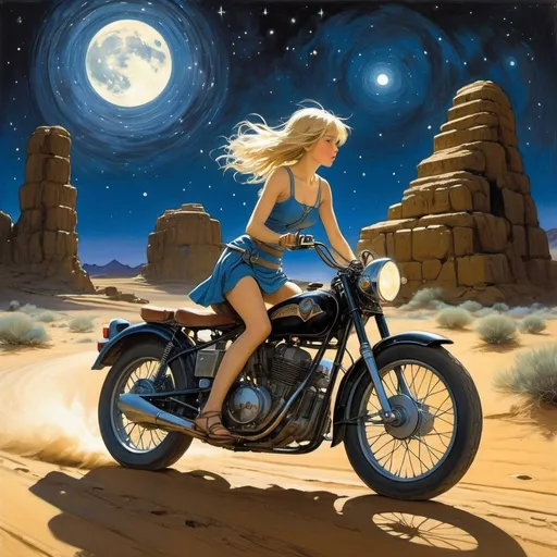 Prompt: Cecile Walton, Robert Anning Bell, Helen Stratton, Surreal, mysterious, bizarre, fantastical, fantasy, sci-fi, Japanese anime, dark night journey in the desert, starry night in the dark, distant megalithic civilization ruins, miniskirt beautiful girl running through on a motorcycle, perfect voluminous body, detailed masterpiece perspectives angles 