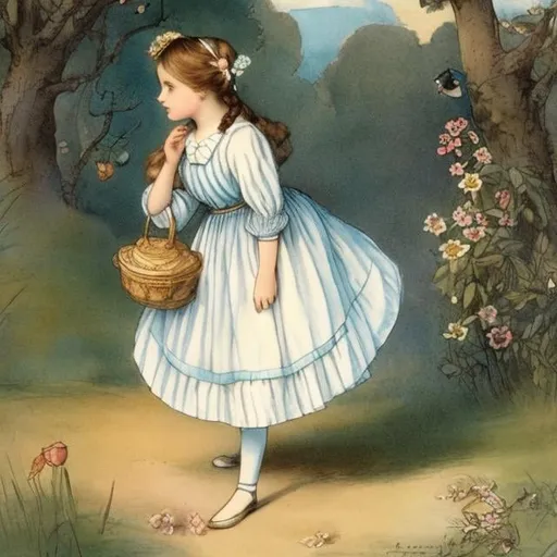 Prompt: Kate Greenaway, Margaret Tarrant art style, Alice in Wonderland Alice is doing yoga on all fours, lifting her hip high. Large chest, large round hip, sweet beautiful face, detailed hight resolution, embarrassing, beautiful girl, cute