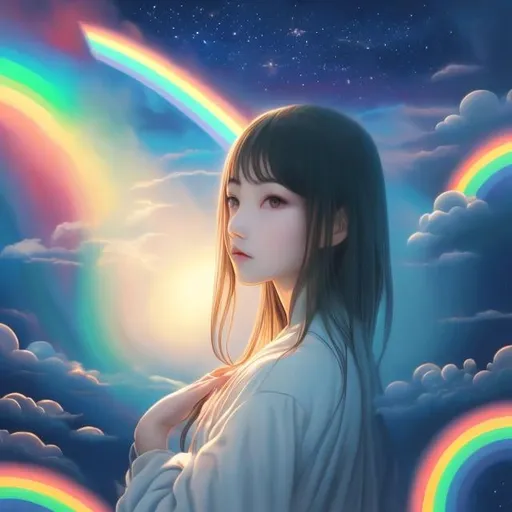 Prompt: Mabel Attwell, Barbara Cooney, Satoshi Kon, Frank Pape, Surreal, mysterious, strange, fantastical, fantasy, sci-fi, Japanese anime, far and near, I can't grasp it, I don't know what color it is, I'm watching a slowly disappearing rainbow, I'm on the verge of panic, a beautiful girl in a miniskirt, a spaceship, detailed masterpiece high resolution definition quality, depth of field cinematic lighting