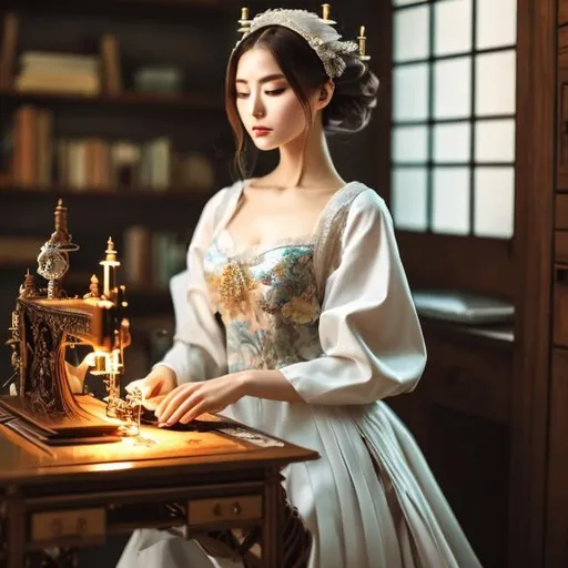 Prompt: Franciska Clausen, Eileen Fox Vaughan, Mysterious Weird Surreal Fantastic Fantasy Sci-Fi, Japanese Anime, Birdcage Old Sewing Machine, Young Lady, perfect voluminous body, detailed masterpiece 