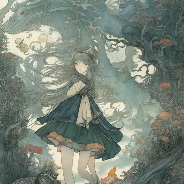 Prompt: Maurice Sendak, Arthur Rackham, Heikala, anime, Ukiyo-e style, surreal, mysterious, strange, fantastic, fantasy, Sci-fi fantasy, anime, Shibuya scramble intersection, miniskirt high school girl, perfect body, Slinky, ammonite, rainbow machine, seashell, cloud, feathers dancing in the air, detailed masterpiece 