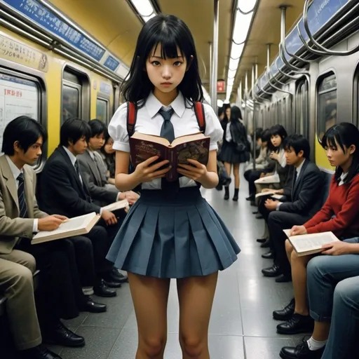 Prompt: Tetsuo Hara, Matt Fox, Surreal, mysterious, bizarre, fantastical, fantasy, sci-fi, Japanese anime A beautiful girl in a miniskirt holds a book that no one can read on the subway, The girl did not realize that she had stepped into the labyrinth of the story, Alice on the subway, perfect voluminous body, Tealess Tea Party, Anatomical Psychology Laboratory, The Story of an Endless Labyrinth City, detailed masterpiece 