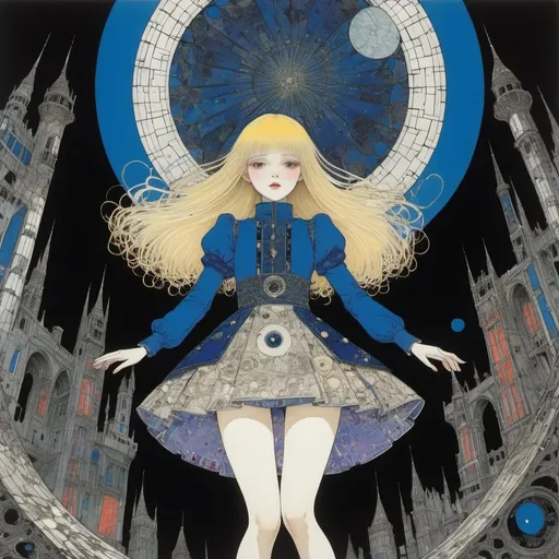 Prompt: Harry Clarke, Russell Drysdale, Surreal, mysterious, strange, fantastical, fantasy, Sci-fi, Japanese anime, picture book architectural space, falling fragments of darkness, blonde miniskirt beautiful girl Alice, perfect voluminous body, detailed masterpiece 