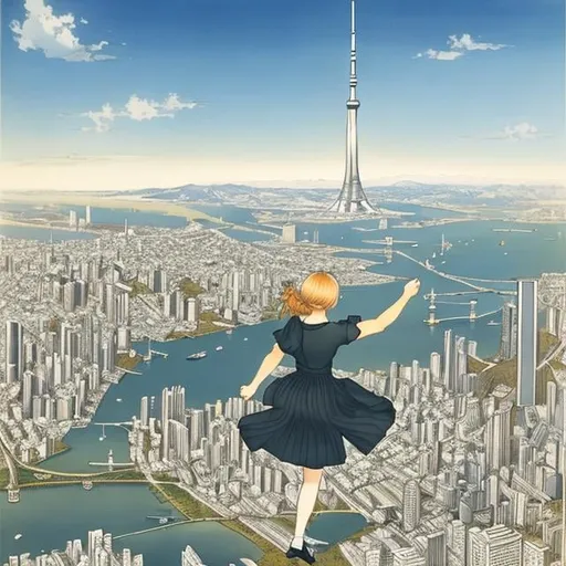 Prompt: Kate Greenaway, Margaret Tarrant, Anne Anderson, Sci-fi Fantasy,  Free-Falling Miniskirt Schoolgirl　Overhead view　open arms and legs, Over Tokyo city, detailed resolution definition high quality masterpiece 