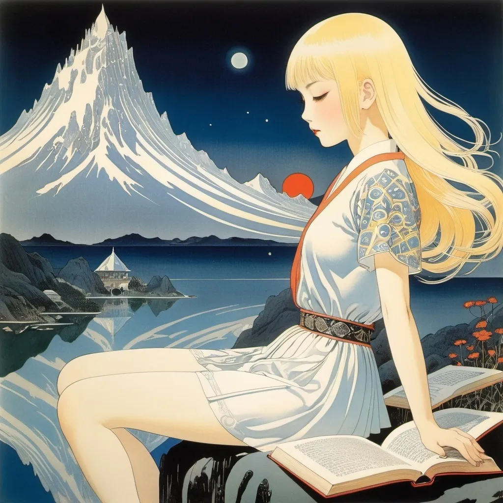 Prompt: Kay Nielsen, Mizuki Kawashita, Tatsuyuki Tanaka, Kōji Fukiya, Jules Chéret, Surrealism, wonder, strange, fantastical, fantasy, Sci-fi, Japanese anime, paradoxical perspective, reflections on fire, light, and time, wrapping books in pictures, expositions and travel, blonde miniskirt beautiful girl Alice, perfect voluminous body, detailed masterpiece 