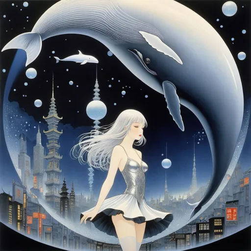 Prompt: Kay Nielsen, Takeo Takei, Surreal, mysterious, strange, fantastical, fantasy, Sci-fi, Japanese anime, silvery morning glow, whale in Shinjuku subcenter, silver-haired miniskirt beautiful girl, perfect voluminous body, sphere myth, detailed masterpiece 