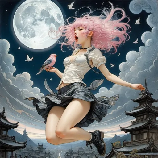 Prompt: Arthur Rackham, James Jean, Surreal, mysterious, strange, fantastical, fantasy, sci-fi, Japanese anime, punk rock miniskirt vocalist beautiful girl, silver pink hair, perfect voluminous body, shouting into the night universe, bird's eye view, detailed masterpiece 