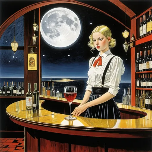 Prompt: Carel Weight, Eric Taylor, Thomas Henry, Kay Nielsen, Clifford Webb full colours, Surrealism Mysterious Weird Fantastic Fantasy Sci-fi, Japanese Anime, Moon sinking to the bottom of a wine glass, Bar counter, Beautiful miniskirt girl bartender, perfect voluminous body, detailed masterpiece 