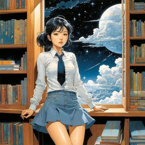 Prompt: Keiko Takemiya, Jean Charlot, Victor-Armand Poirson, Alexandre Alexeieff full colours, Katsuya Terada, Surrealism, Mysterious, Weird, Outlandish, Fantasy, Sci-fi, Japanese Anime, Outside the window is a cold stardust storm, your body is in a warm library, your heart is in a book, a beautiful high school girl in a miniskirt