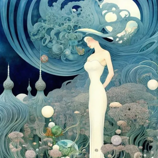 Prompt: Kay Nielsen,Hiro Fujiwara Surreal, mysterious, strange, fantastical, fantasy, Sci-fi, Japanese anime, Earth's immune system, invasion from outer space, beautiful girl, perfect volume body, detailed masterpiece 