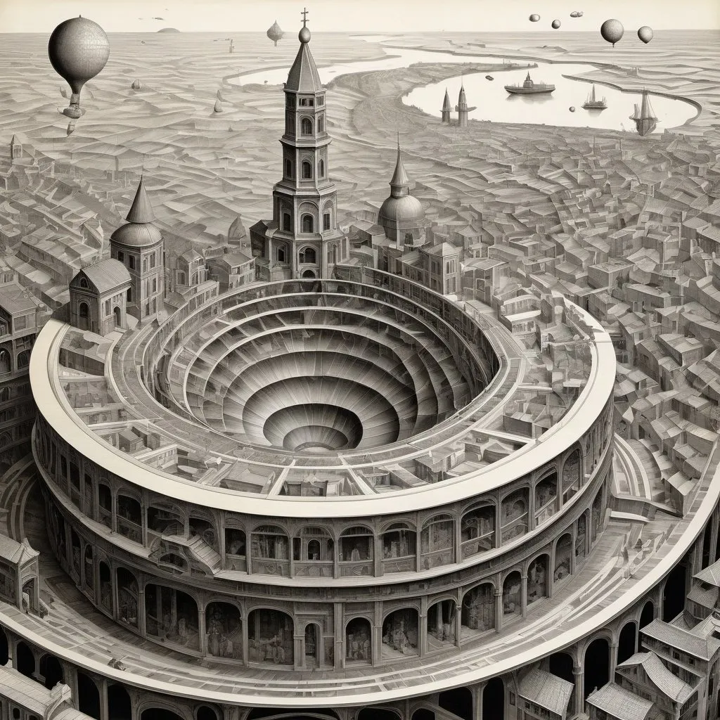 Prompt: M C Escher, Else Wenz-Vietor, Surreal, mysterious, strange, fantastical, fantasy, Sci-fi fantasy, anime, blueprint of the earth, perspective, perspective drawing, space, iron (earth), wind, water, life, strata, cross-section of the earth, detailed masterpiece bird’s eye views