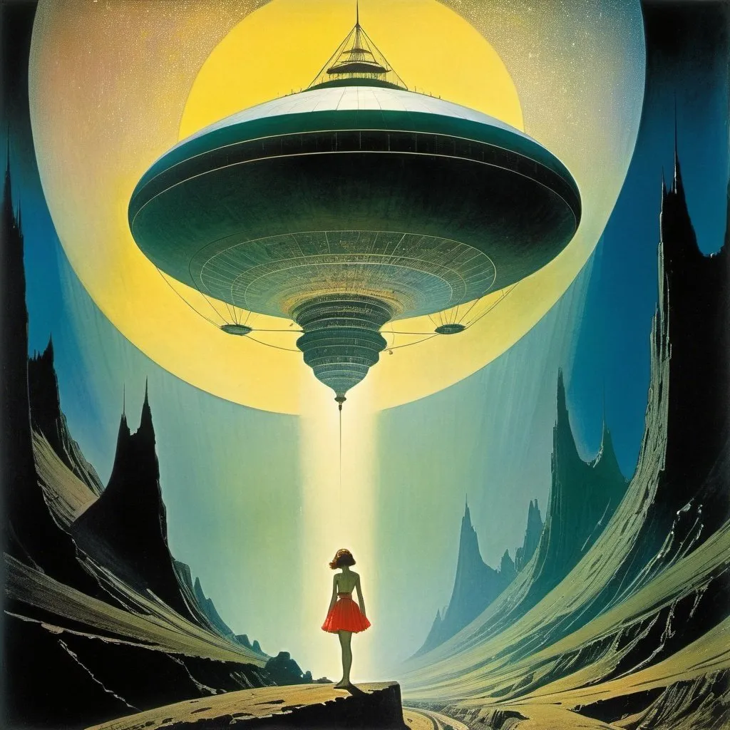 Prompt: Harold McCauley, Sidney Herbert Sime colours, Surreal, mysterious, bizarre, fantastic, fantasy, Sci-fi, Japanese anime, another way to fly in the sky, a spaceship under construction, a miniskirt beautiful girl from microcosm, perfect voluminous body, detailed masterpiece 