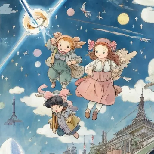 Prompt: Mabel Attwell, Kate Greenaway, Anne Anderson, Margaret Tarrant, Beatrix Potter Japanese anime, Sci-Fi Fantasy Hand-cranked Spring Rocket Boys and Girls Play Rocket Flying Blue Sky Clouds Rainbow Moon Tokyo Tower detailed resolution definition high quality masterpiece 