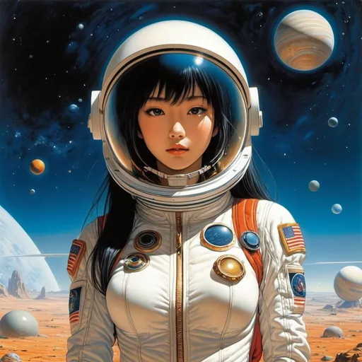 Prompt: Naoyuki Kato, Jean Giraud, Surreal, mysterious, strange, fantastical, fantasy, Sci-fi, Japanese anime, how to navigate the solar system, tourist guide, beautiful girl in a space suit, perfect voluminous body, detailed masterpiece zoom in wide angles 