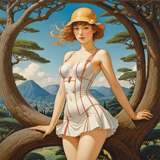 Prompt: Walter Crane, Hasuiv Kawase, René Magritte, Bianca Bagnarelli, Alexis, Surrealism, wonder, strange, fantastical, fantasy, Sci-fi, Japanese anime, the proof is in the painting, the curve in the machine, the magic of mathematics and the miniskirt beautiful girl wood carver, perfect voluminous body, detailed masterpiece low high angles perspectives 