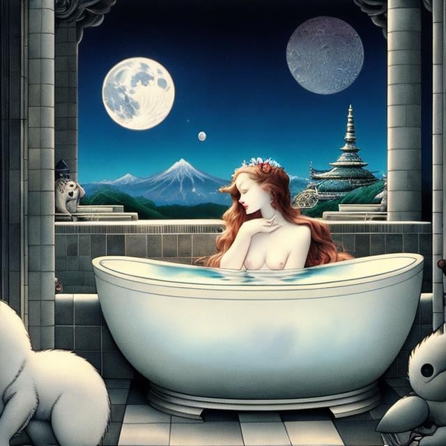 Prompt: Maurice Sendak, James Jean, Mysterious, bizarre, surreal, bizarre, fantasy, Sci-fi, Japanese anime, full moon soaking in the bathtub of a public bath, beautiful girl, perfect body, detailed masterpiece 