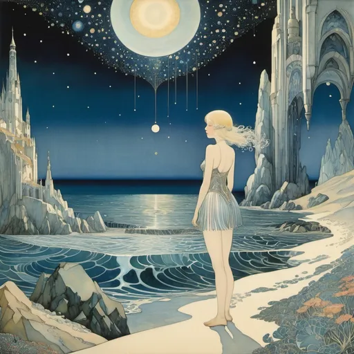 Prompt: Kay Nielsen, Alicia Austin, Anton Pieck, Edmund Dulac, Hendrik Jan Wolter, Giorgio de Chirico, Surrealism Mysterious Weird Fantastic Fantasy Sci-Fi, Japanese Anime, Body dreaming of minerals, Praying for the stars from the ocean floor, Beautiful girl in a miniskirt, perfect voluminous body, Sleeping city, detailed masterpiece 