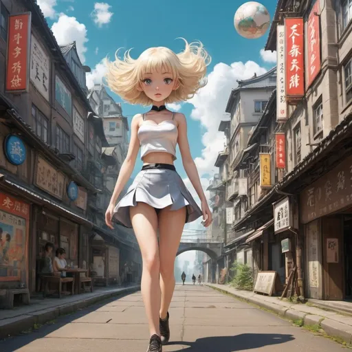 Prompt: Ruta Briede, Rie Cramer, Nelly Bodenheim, Thé Tjong-Khing, Surrealism, wonder, strange, fantastical, fantasy, Sci-fi, Japanese anime, North Bridge Ball,  a beautiful girl Venus in a miniskirt running around the world, perfect voluminous body, a fictitious future city as a text, detailed masterpiece low high angles