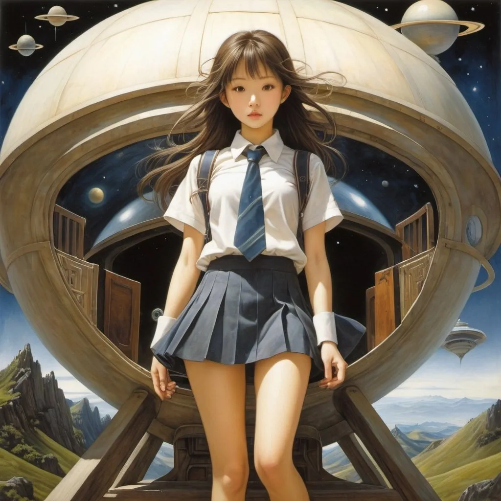 Prompt: Brian Froud, Patrick Woodroffe, Makoto Muramatsu, Shigeru Tamura, Mai Yoneyama, Makoto Aida, Surrealism, mysterious, strange, bizarre, fantasy, Sci-fi, Japanese anime, foreign land, nostalgia, daydreaming, wooden mannequin, Saturn falling to earth, foldable spaceship, beautiful high school girl in a miniskirt going to school, perfect voluminous body, detailed masterpiece 