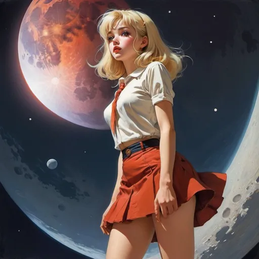Prompt: John “Derf” Backderf, Coby Whitmore, Surreal, mysterious, strange, fantastical, fantasy, Sci-fi, Japanese anime, total lunar eclipse, place where the ecliptic and moon orbit intersect, atmospheric space lens, miniskirt beautiful girl, perfect voluminous body, detailed MAs 