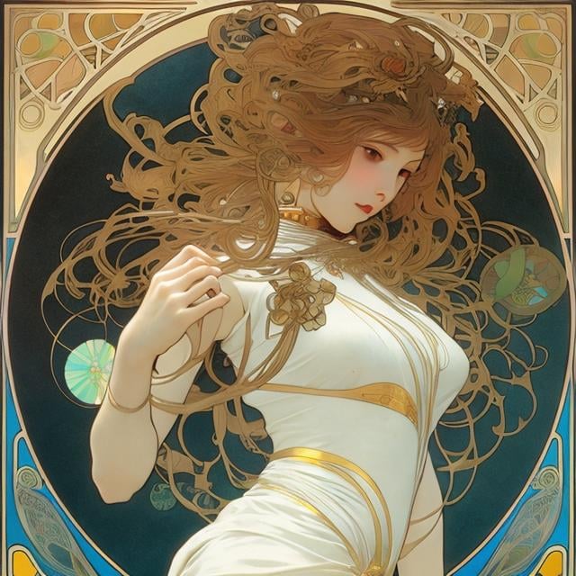 Prompt: Alphonse mucha, katsuhiro Otomo, Surreal, mysterious, strange, fantastical, fantasy, Sci-fi, Japanese anime, machine age miniskirt beautiful girl, perfect voluminous body, metaphysical painting, metaphysical polyhedron, road to the sea, detailed masterpiece 