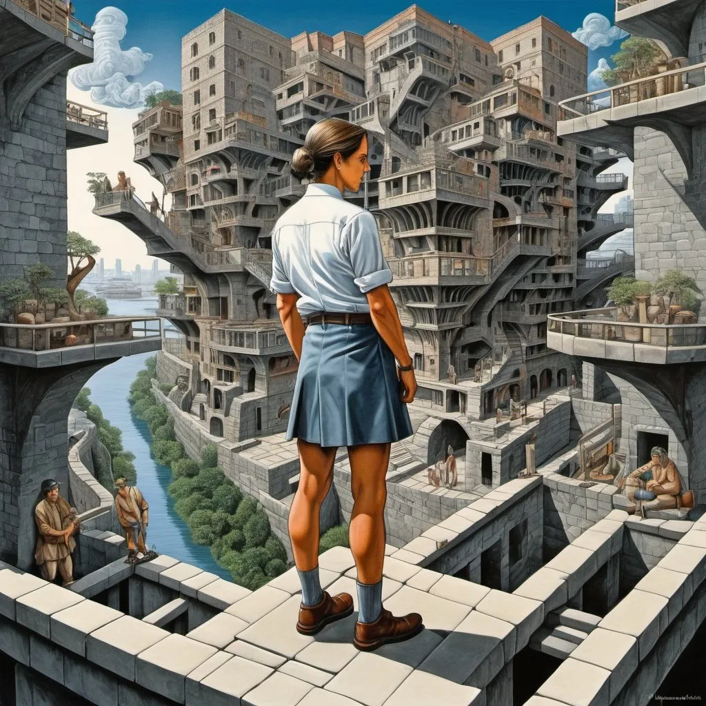 Prompt: Henryk Waniek, m c Escher, ADRIAN LABAUT HERNANDEZ full colours, Surreal, mysterious, bizarre, fantastical, fantasy, Sci-fi, Japanese anime, Spiral gardens of Babylon, aerial waterway, civil engineering, beautiful girl surveyor in miniskirt, perfect voluminous body, perspective drawing, cross-sectional drawing, blueprint and perspective, detailed masterpiece 