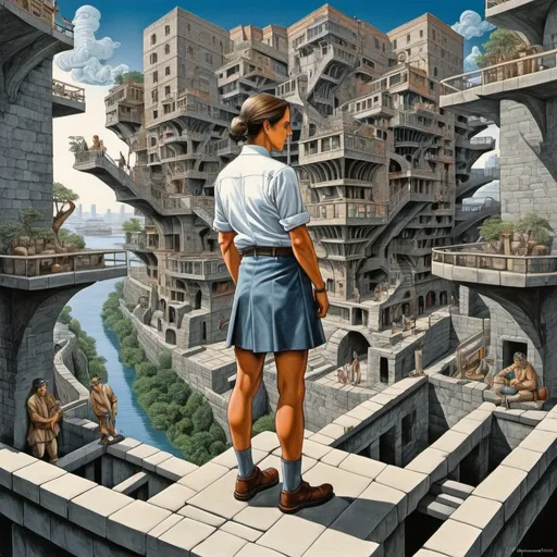 Prompt: Henryk Waniek, m c Escher, ADRIAN LABAUT HERNANDEZ full colours, Surreal, mysterious, bizarre, fantastical, fantasy, Sci-fi, Japanese anime, Spiral gardens of Babylon, aerial waterway, civil engineering, beautiful girl surveyor in miniskirt, perfect voluminous body, perspective drawing, cross-sectional drawing, blueprint and perspective, detailed masterpiece 