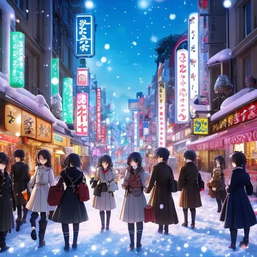 Prompt: Hirohiko Araki, Eiichiro Oda, Sui Ishida, Surreal, mysterious, bizarre, fantastical, fantasy, Sci-fi, Japanese anime, snowball fight scenery, beautiful blonde miniskirt girl Alice vs. miniskirt pretty high school girl, perfect voluminous bodies, downtown Tokyo, snowmen standing, Christmas illuminations, fun, happy, dynamic action, detailed masterpiece 