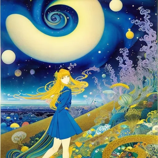 Prompt: Kay Nielsen, Kenji Tsuruta, Dugald Stewart Walker, Japanese anime　surreal　wondrous　strange　Whimsical　absurderes　fanciful　Sci-Fi Fantasy　Spiral Galaxy　‎Classroom　Miniskirt High School Girl Future Projection Projector.