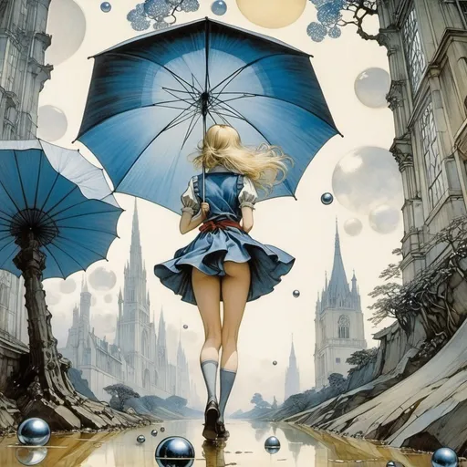 Prompt: Arthur Rackham, Paul Nash, Surreal, mysterious, strange, fantastical, fantasy, Sci-fi, Japanese anime, falling silver spheres, the valley of a skyscraper, beautiful blonde miniskirt girl Alice, perfect voluminous body, holding a blue shining umbrella, detailed masterpiece 