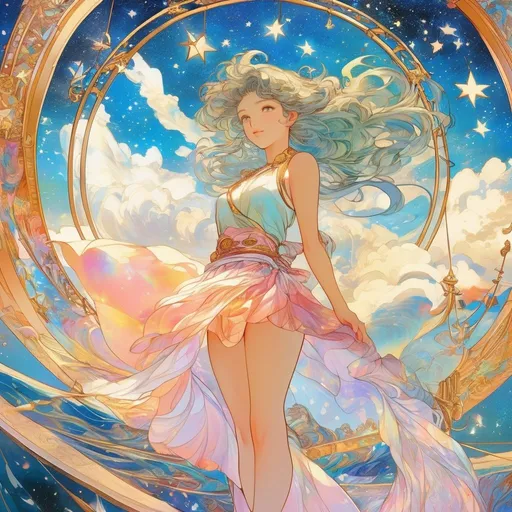 Prompt: Toriko Chiya, Alphonse Mucha, Surreal, mysterious, strange, fantastical, fantasy, sci-fi, Japanese anime, cloud path, rainbow bridge, miniskirt beautiful girl who sails the sails of her soul on the sea of ​​stars, perfect voluminous body, detailed masterpiece 