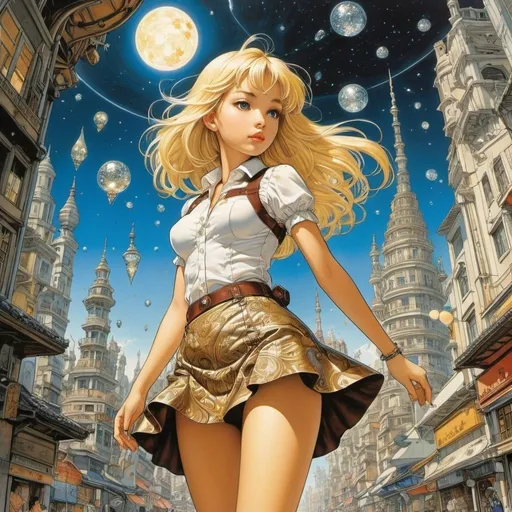 Prompt: Filiberto Scarpelli, Katsuya Terada, Riccardo Guasco, Erte, Hideki Arai, Surrealism, wonder, bizarre, fantastical, fantasy, Sci-fi, Japanese anime, micrometeorite search guide, beautiful blonde miniskirt girl Alice searching for invisible gems in the city, perfect voluminous body, origin, formation process, arrival, classification of micrometeorites, Darwin glass, magnetite, flashlight, detailed masterpiece 