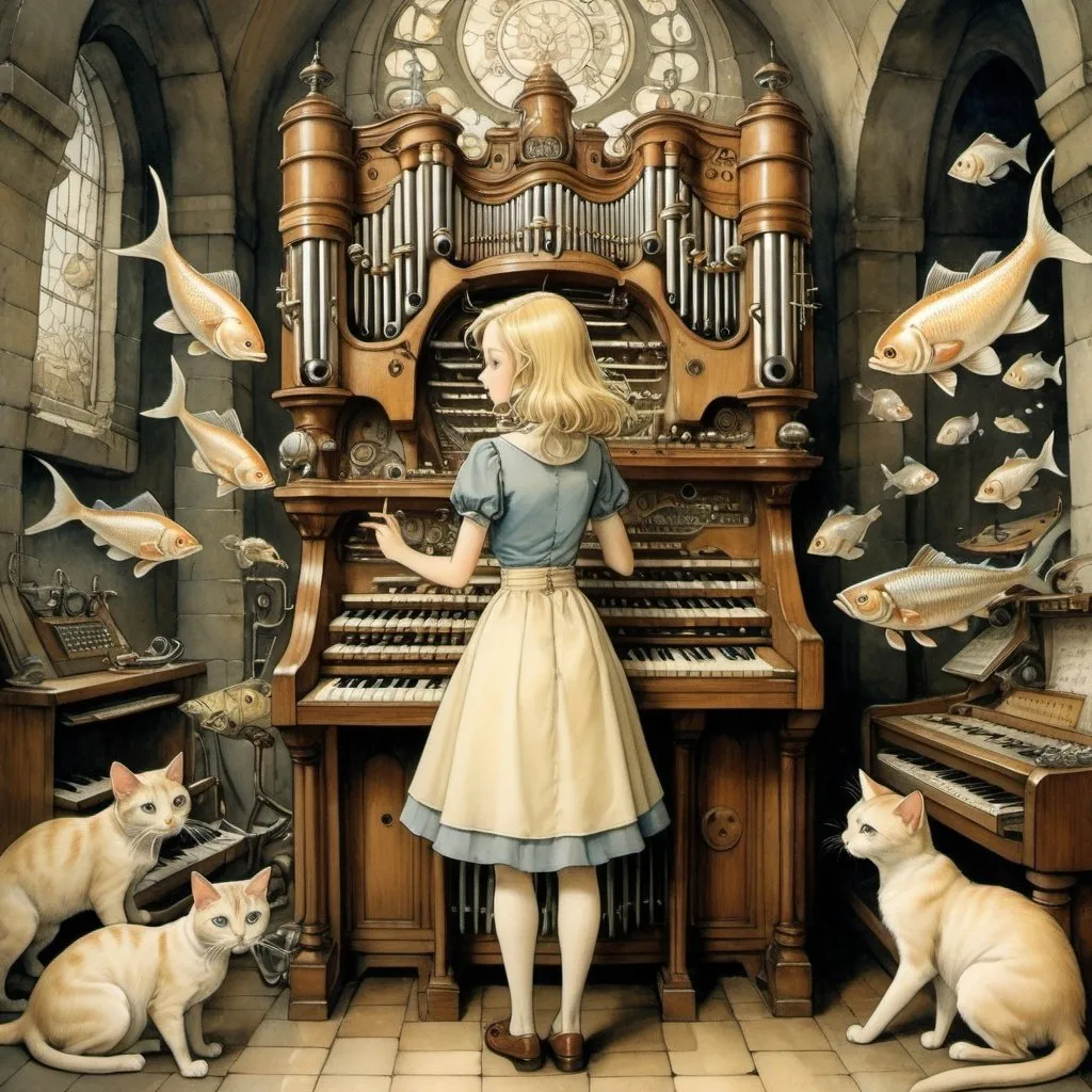 Prompt: Anton Pieck, Rohan Eason, Surrealism, strange, bizarre, fantastical, fantasy, Sci-fi, Japanese anime, singing fish, cat organ, automatic composing machine, finding the mystery and truth of the universe in the sound and structure of the pipe organ, cosmography, beautiful blonde miniskirt girl Alice, perfect voluminous body, detailed masterpiece 